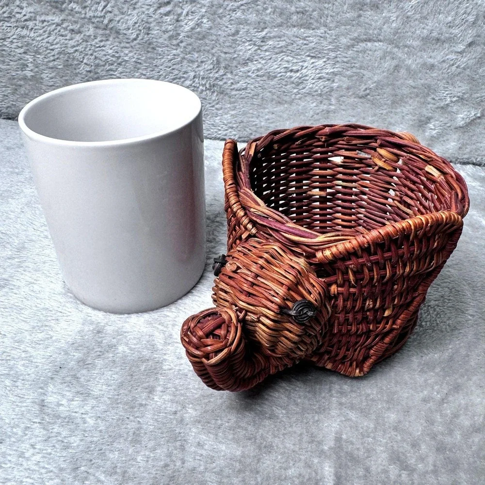 Elephant Mug Vintage Wicker Basket‎ Holder w/ White Ceramic Cup Cottagecore Boho